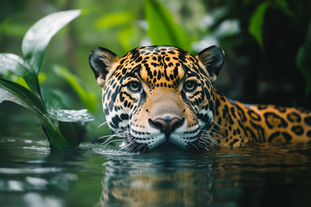 A jaguar's piercing eyes lock focus as it swims through green-tinted jungle water.の素材