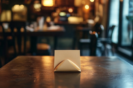 Creatively folded beige napkin on wooden table in dimly lit restaurant with blurred background.の素材