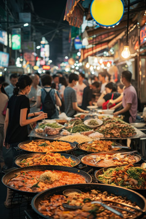 Street food vendors and customers at a busy outdoor night marketの素材