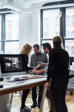 Creative team engaged in a planning session in a bright, contemporary office spaceの素材