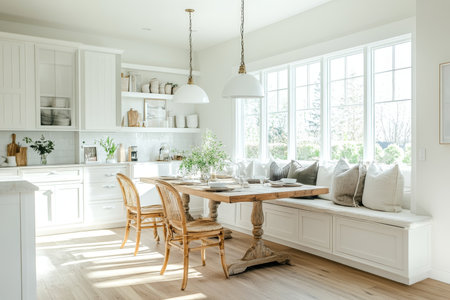 Airy white kitchen with rustic dining table, window seat, and pendant lights.の素材