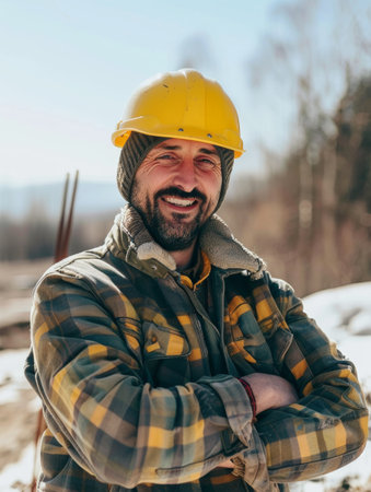 A joyful worker in a yellow hard hat and warm winter jacket beams in a snowy setting. His genuine smile and relaxed posture reflect the satisfaction of a job well done in chill of winter constructionの素材