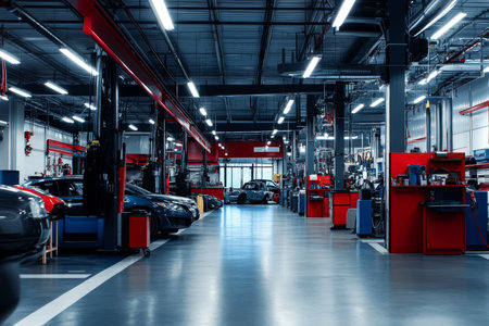 Interior of a state-of-the-art auto repair shop with red and black color scheme, featuring advanced equipment, multiple service bays, and bright lighting.の素材