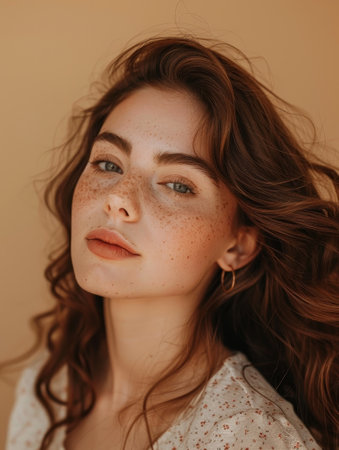 A young woman with freckles stares pensively, her hair cascading in natural waves. The warm lighting casts a glow on her delicate featuresの素材