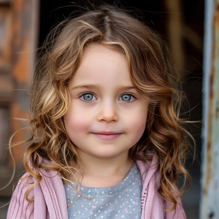 The sparkling blue eyes of a young girl shine with innocence and curiosity, framed by her natural curls and a soft, pink cardigan that add a touch of warmth to the imageの素材
