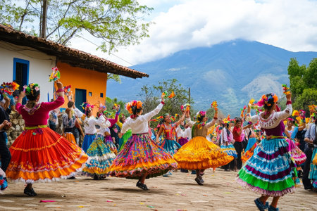 Colorful traditional dancers in elaborate costumes perform at a lively cultural festival against a backdrop of mountains and rustic architecture.の素材