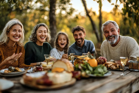 A joyful multi-generational family enjoying an outdoor dinner with a table full of food, laughing and bonding in a natural setting during autumn.の素材