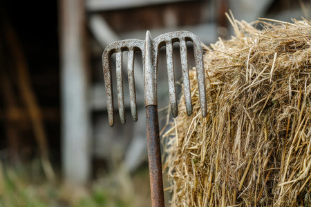 An old metal pitchfork with a weathered handle rests on a hay bale near a barn, symbolizing traditional farming methods and rural heritage.の素材