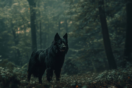 A lone black wolf stands alert in a misty, dark forest, its piercing gaze fixed on the camera.の素材