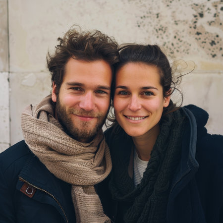 A French couple wrapped in scarves shares a smile, the cool city air contrasting their warm embraceの素材