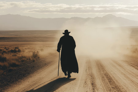 Silhouette of a person in a long coat and hat walking on a dusty road towards distant mountains, with dramatic lighting and dust clouds.の素材