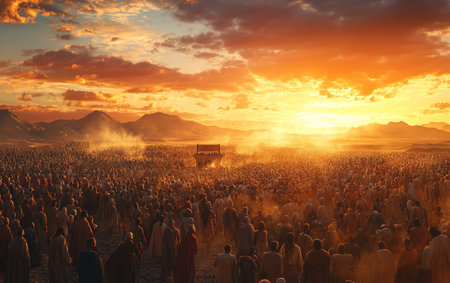 Countless figures march across a barren desert plain under a vivid, illuminated sky, departing from a distant city as part of a historic biblical event. The Exodus Israelites from Egypt.の素材