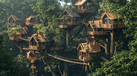 Idyllic treehouse village with multiple wooden cabins nestled in lush forest canopy, connected by suspended bridges, offering a serene eco retreat experience.の素材
