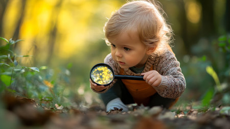 Young child in knit sweater examines autumn foliage through magnifying glass in a forest, capturing the essence of childhood wonder and nature discovery.の素材