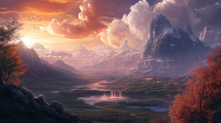 A breathtaking view of a mountain range bathed in the warm colors of sunrise, creating a serene atmosphere.の素材