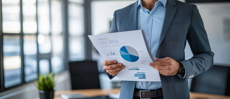 Professional in blue suit examining financial reports with charts and graphs in a modern office, showcasing business analysis and strategic planning.の素材