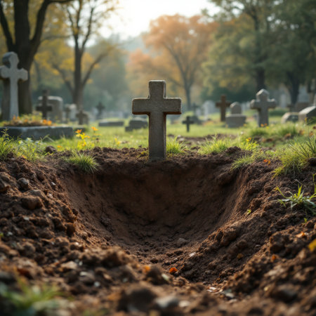 A newly dug grave in a serene cemetery, surrounded by gravestones and bathed in warm sunlight, symbolizing peace and reflection.の素材