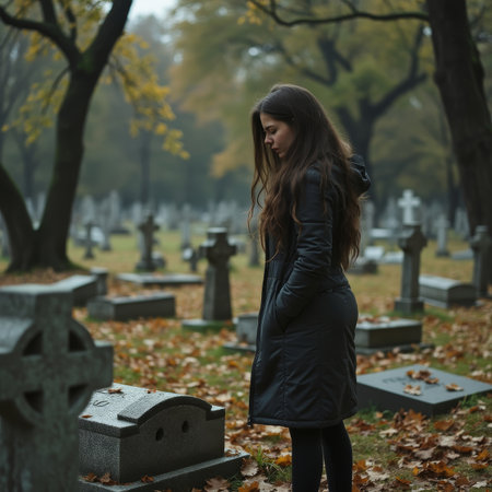 A young woman with long dark hair stands pensively among gravestones in an autumnal cemetery, surrounded by trees with yellow leaves.の素材