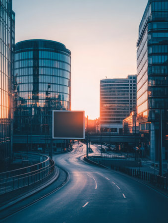 A breathtaking view of a modern city skyline with illuminated glass skyscrapers and curved roads at sunset, showcasing urban development and architectural marvels.の素材