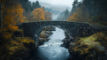 Picturesque stone arch bridge spanning a river in a lush autumn forest with golden foliage and misty mountains in the background.の素材
