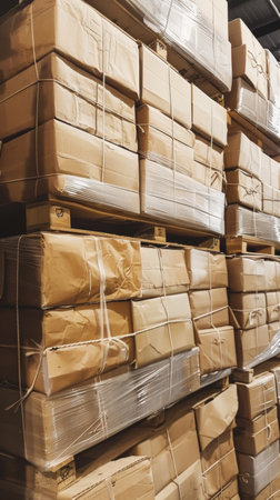 Stacks of various sized cardboard boxes secured with twine in a storage warehouse, showcasing logistics and organization.の素材