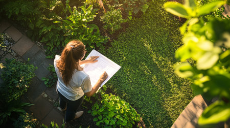 Aerial view of a landscape designer reviewing plans while standing on a garden path, surrounded by lush greenery and carefully planned landscaping.の素材