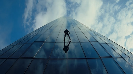 Industrial climber cleaning windows on modern glass building against blue sky with clouds, extreme height maintenance work.の素材