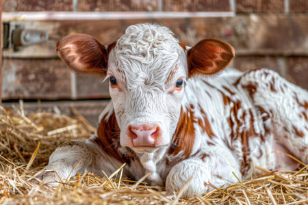 A close-up portrait of a young calf's face, highlighting its soft fur and gentle expressionの素材