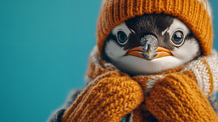 A cute penguin bundled up in a knitted hat and scarf, ready for the chilly weather.の素材