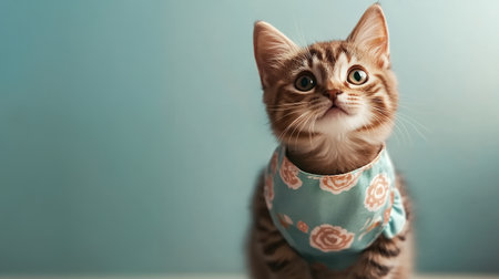 Cute kitten wearing a floral bandana sits against a soft background, exuding charm and innocence with copy space.の素材