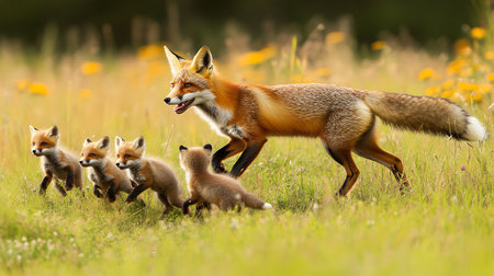 Adult red fox leading four playful cubs through meadow with yellow wildflowers, showing natural parenting behavior in wildlife setting.の素材