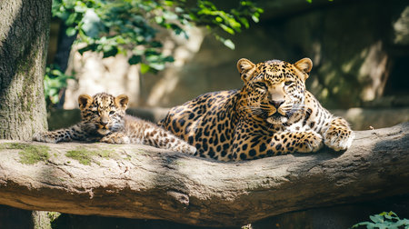 A leopard and its cub lounging on a tree branch in dappled sunlight, illustrating maternal care in the wild.の素材