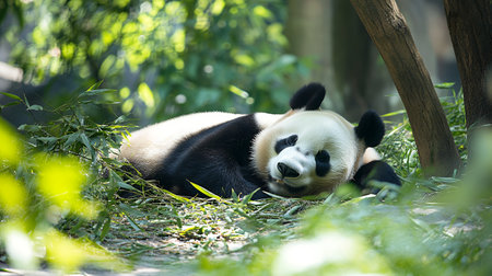 Giant panda lying peacefully among bamboo plants in natural habitat, displaying characteristic black and white fur pattern in lush green environment.の素材