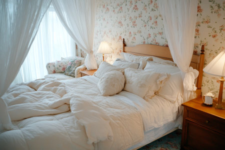 A cozy bedroom with soft floral decor, featuring a comfortable bed and warm lighting.の素材