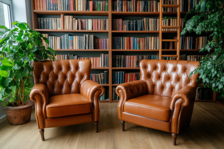 A cozy library features two elegant leather armchairs surrounded by bookshelves filled with colorful books.の素材