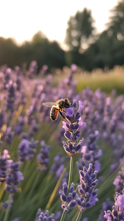A close up of a bee collecting nectar from a lavender flower, highlighting the beauty of nature's pollinators.の素材
