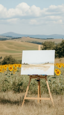 An easel with a canvas stands amidst a vibrant sunflower field under a bright sky, capturing the essence of nature.の素材