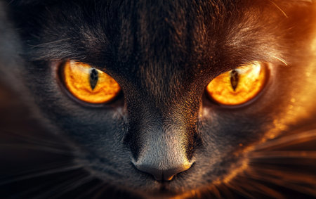 Close up of a black cats intense yellow eyes, capturing curiosity and mystery.の素材