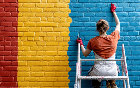 A woman paints a vibrant blue section on a brick wall, adding colorful stripes in a creative outdoor mural.の素材