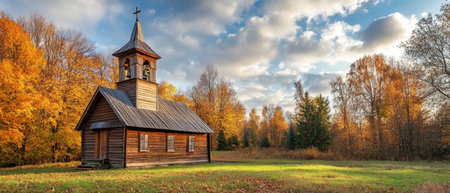 Picturesque wooden church with bell tower nestled among vibrant autumn foliage, set against a dramatic cloudy sky, embodying rural serenity and spiritual tranquility.の素材