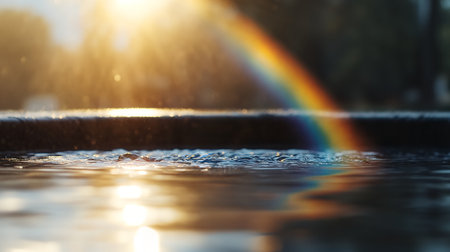A vibrant rainbow reflects on a water surface, beautifully illuminated by the golden sunlight, creating a serene scene.の素材