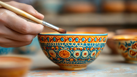 An artists hand details a vibrant ceramic bowl, showcasing intricate patterns and colorful designs.の素材