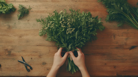 Hands arranging a fresh bouquet of herbs on a rustic wooden table, highlighting natural simplicity.の素材