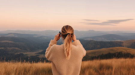 Woman with binoculars appreciating a breathtaking mountain landscape at sunset, capturing natures beauty.の素材