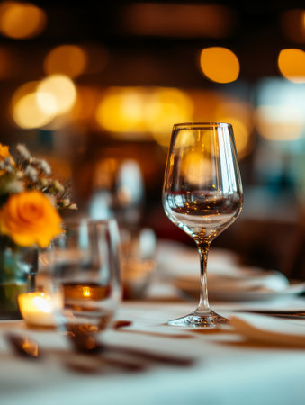 A sophisticated wine glass stands on a candlelit table with a warm, inviting ambiance in a restaurant setting.の素材