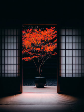 A stunning maple tree with red foliage framed by traditional Japanese architecture, creating a serene autumn scene.の素材