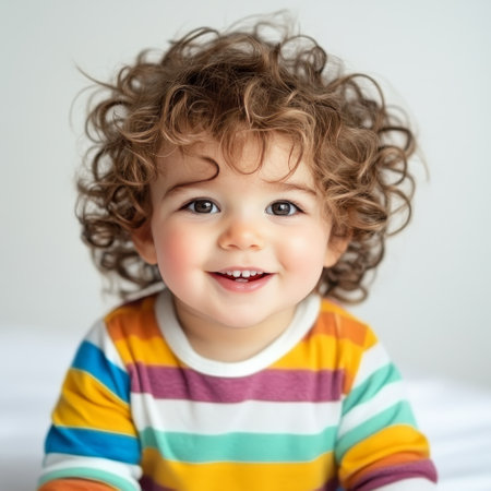 Adorable toddler with curly hair smiling joyfully, wearing a colorful striped shirt, radiating pure happiness.の素材