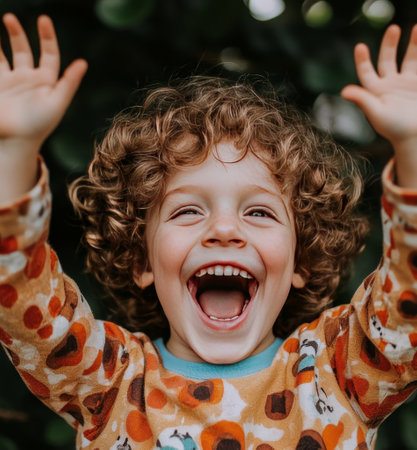 Delightful child with curly hair and open mouth laughing, wearing a colorful patterned shirt, full of joy.の素材