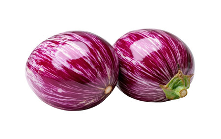 Two vibrant purple striped eggplants with glossy skins and a unique pattern. Isolated on white background.の素材