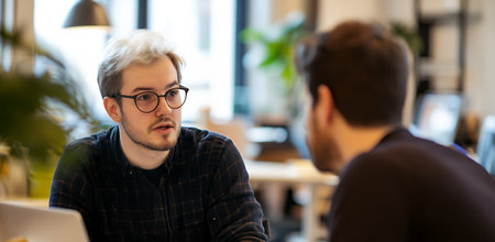 Two colleagues in a modern office setting engaged in a focused discussion, highlighting teamwork and collaboration.の素材